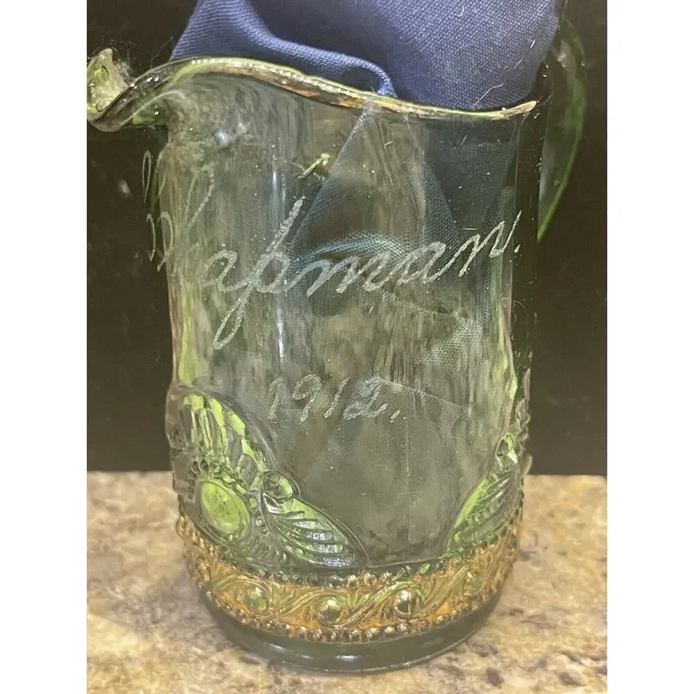 Antique EAPG Pitcher Green Glass with Gold Trim Engraved L‎ J Chapman 1912 Nice